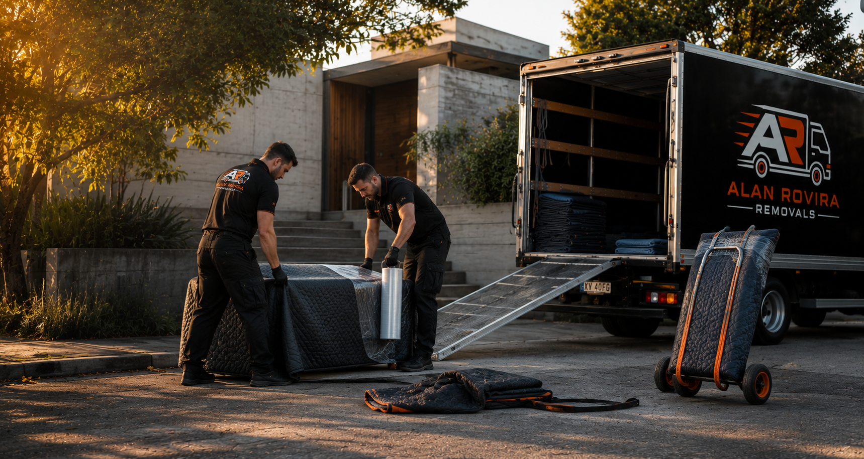 Movers loading wrapped furniture into the truck