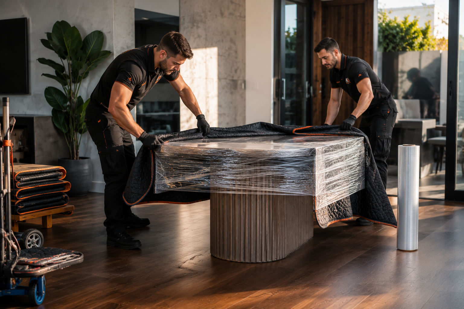 Movers wrapping a coffee table with protective blankets